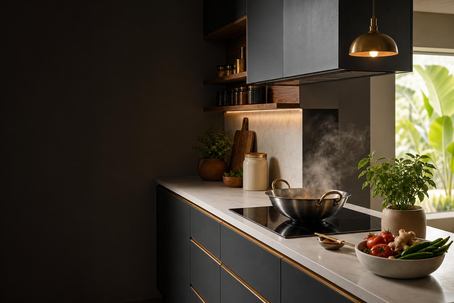 A warm Indian home kitchen at morning — tawa on the stove, half-rolled roti on a wooden chakla, brass katori with coriander, steel dabbas on the shelf