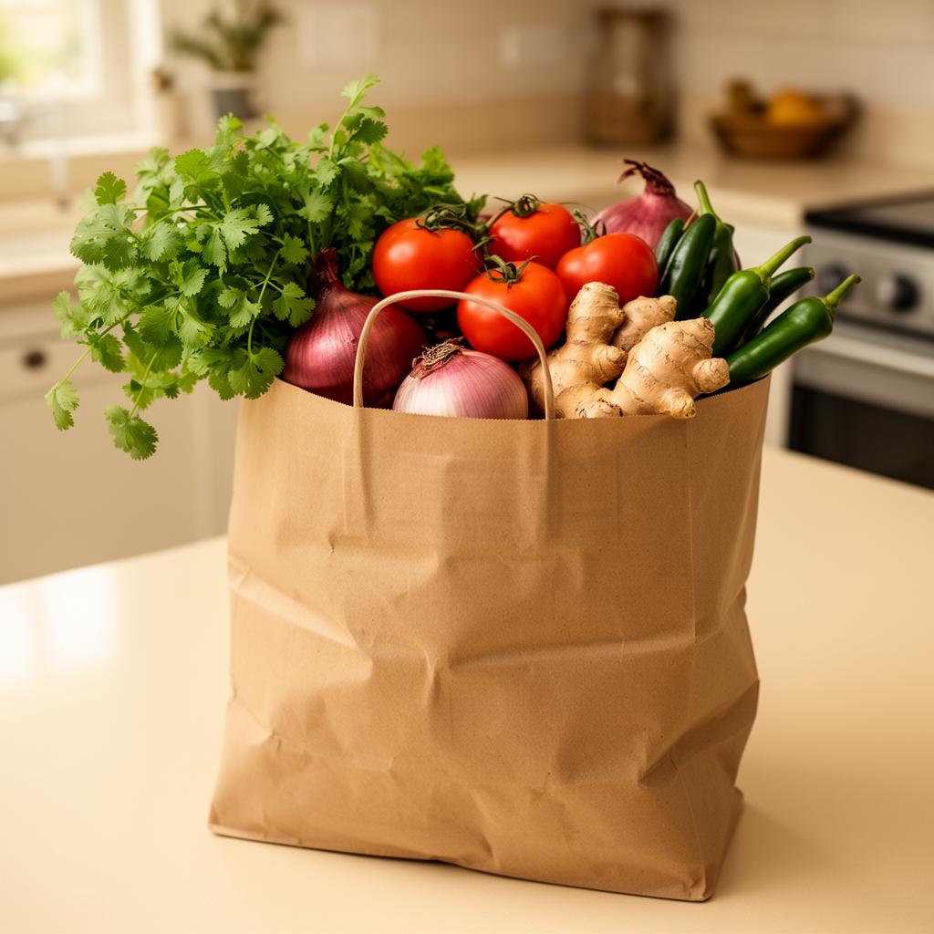 Brown paper bag with fresh produce on a kitchen counter